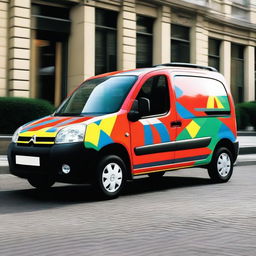 A 2000 Citroen Berlingo vehicle decorated with vibrant and eye-catching designs