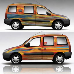 A 2000 Citroen Berlingo vehicle decorated with vibrant and eye-catching designs