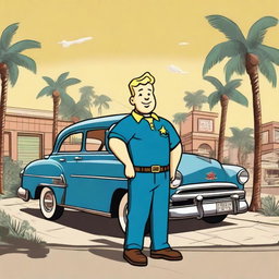 A 1950s style scene set in Los Angeles with the Vault Boy standing in front