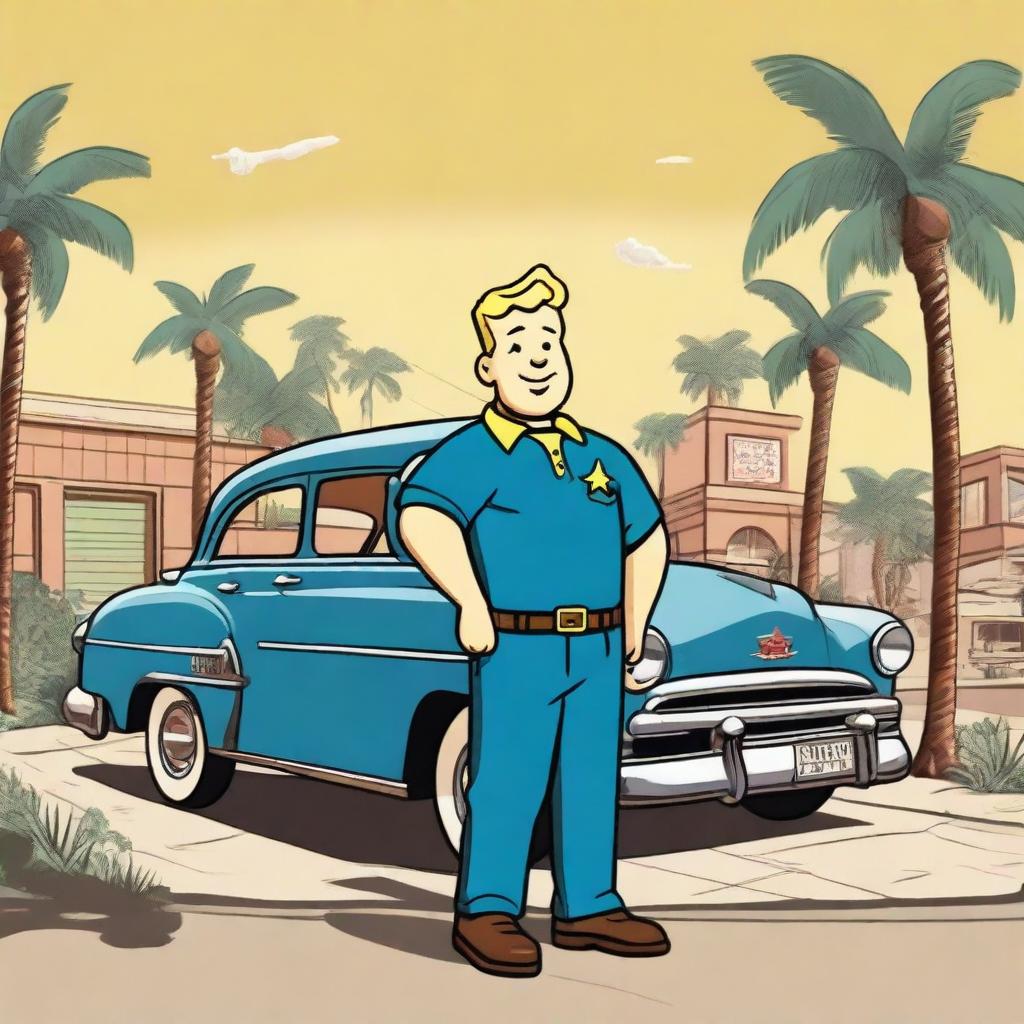 A 1950s style scene set in Los Angeles with the Vault Boy standing in front