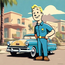 A 1950s style scene set in Los Angeles with the Vault Boy standing in front