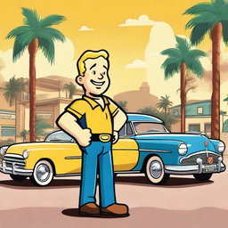 A 1950s style scene set in Los Angeles with the Vault Boy standing in front