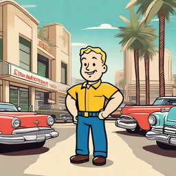 A 1950s style scene set in Los Angeles with the Vault Boy standing in front