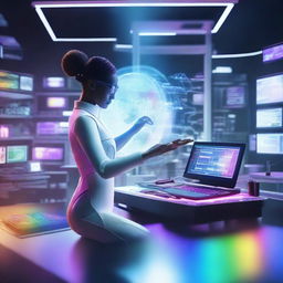 A female inventor in a futuristic laboratory, creating a person with black, white, and rainbow elements