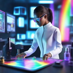 A female inventor in a futuristic laboratory, creating a person with black, white, and rainbow elements