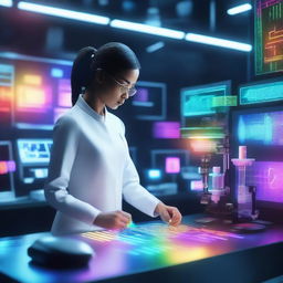 A female inventor in a futuristic laboratory, creating a person with black, white, and rainbow elements