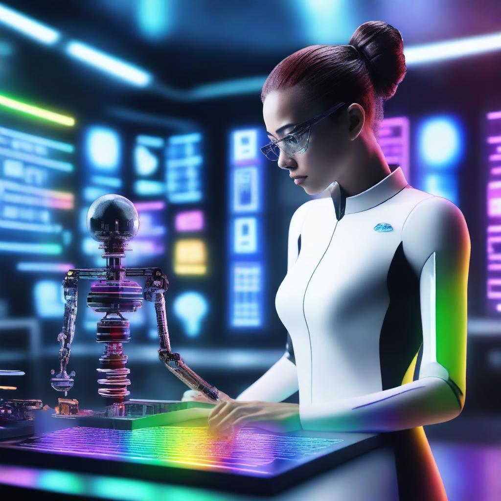 A female inventor in a futuristic laboratory, creating a person with black, white, and rainbow elements