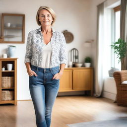 A German mom wearing blue jeans, standing in a casual setting