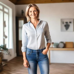 A German mom wearing blue jeans, standing in a casual setting