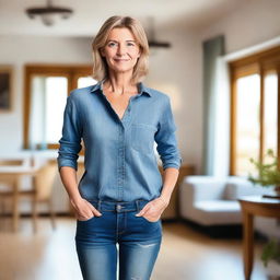 A German mom wearing blue jeans, standing in a casual setting