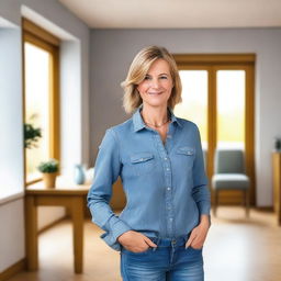 A German mom wearing blue jeans, standing in a casual setting