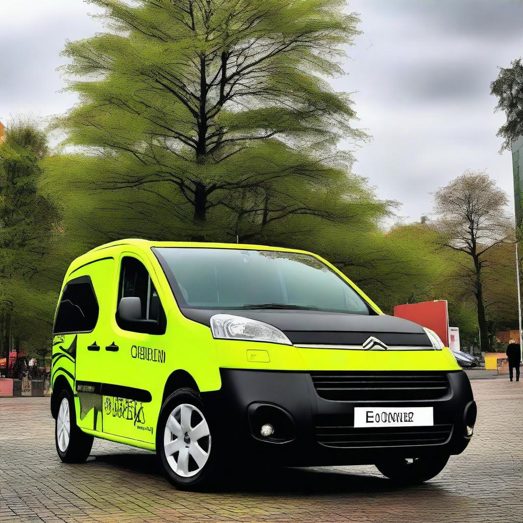 A 1999 Citroen Berlingo vehicle decorated with the logo 'EVOB' in black and fluorescent green tones