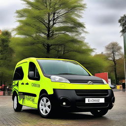 A 1999 Citroen Berlingo vehicle decorated with the logo 'EVOB' in black and fluorescent green tones