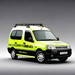 A 1999 Citroen Berlingo vehicle decorated with the logo 'EVOB' in black and fluorescent green tones