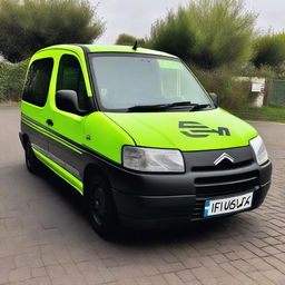 A 1999 Citroen Berlingo vehicle decorated with the logo 'EVOB' in black and fluorescent green tones