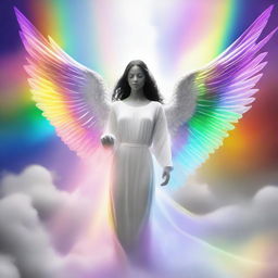 A serene scene featuring a female angel in a celestial realm, creating a person with black, white, and rainbow elements