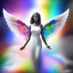 A serene scene featuring a female angel in a celestial realm, creating a person with black, white, and rainbow elements