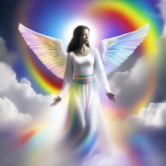 A serene scene featuring a female angel in a celestial realm, creating a person with black, white, and rainbow elements