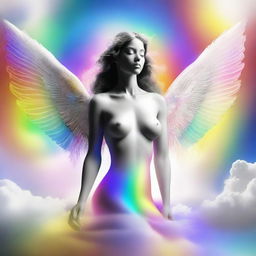 A serene scene featuring a female angel in a celestial realm, creating a person with black, white, and rainbow elements