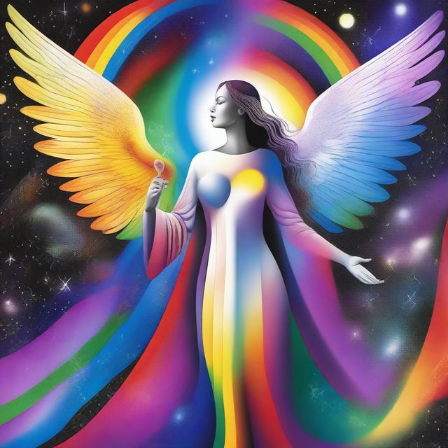 A celestial scene featuring a female angel in a heavenly laboratory, inventing a person with black, white, and rainbow elements