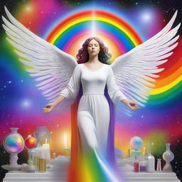 A celestial scene featuring a female angel in a heavenly laboratory, inventing a person with black, white, and rainbow elements