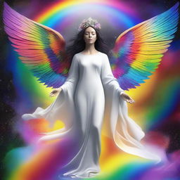 A celestial scene featuring a female angel in a heavenly laboratory, inventing a person with black, white, and rainbow elements