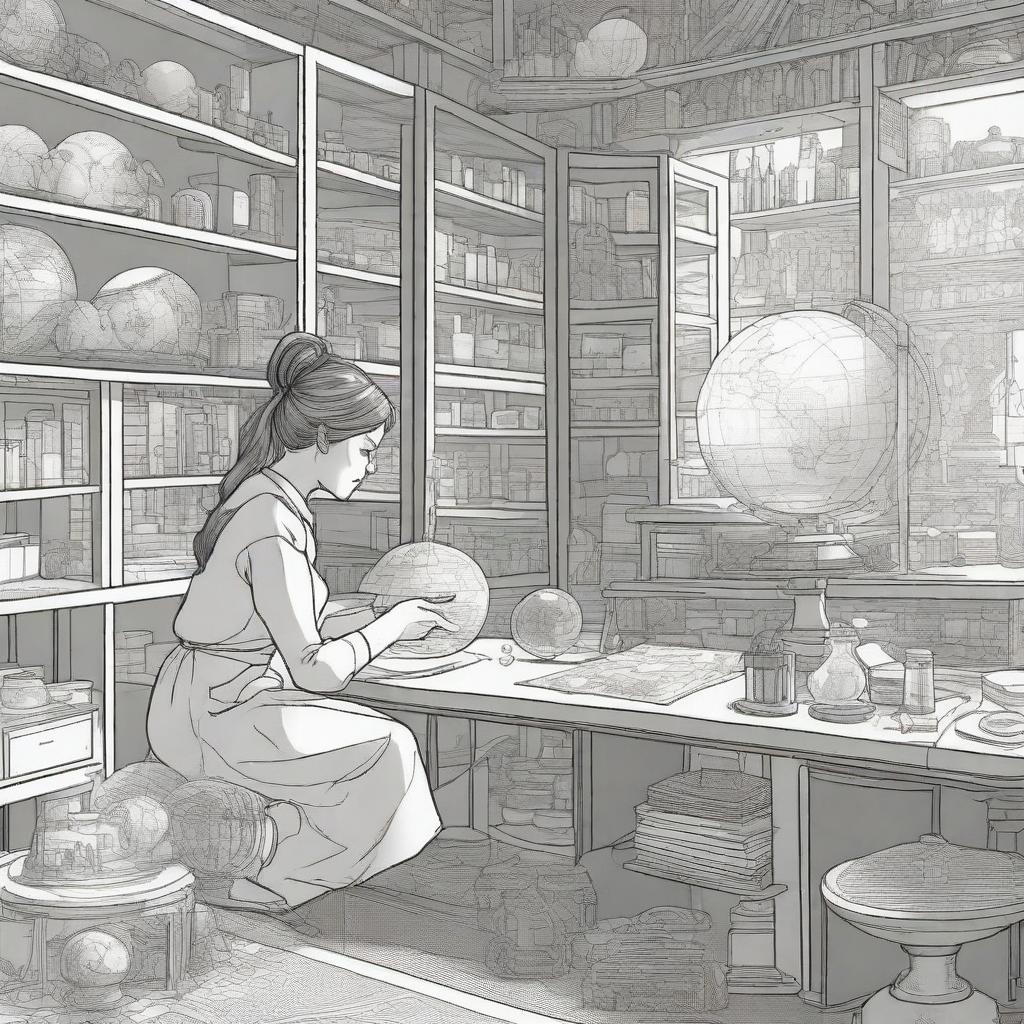 A thoughtful scene featuring a female inventor in her workshop, imagining a world without rainbows