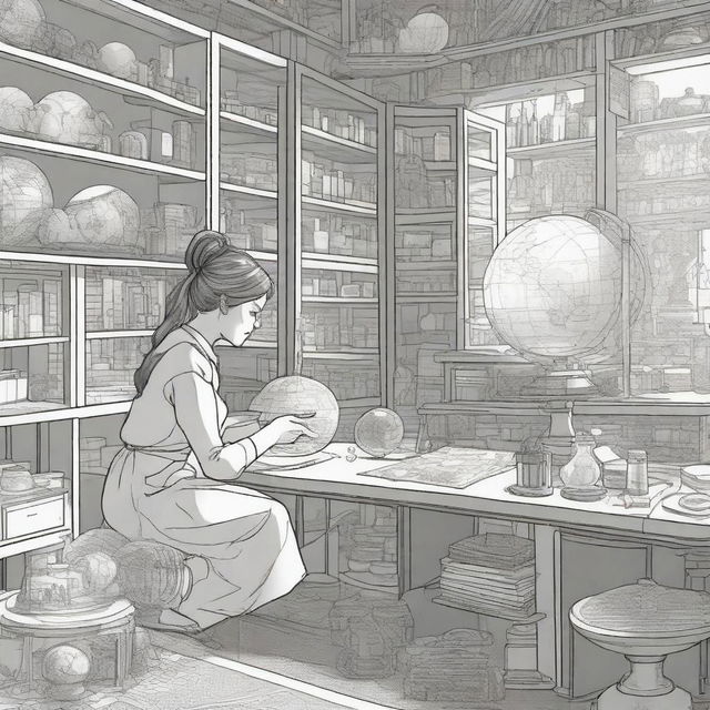 A thoughtful scene featuring a female inventor in her workshop, imagining a world without rainbows