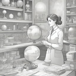 A thoughtful scene featuring a female inventor in her workshop, imagining a world without rainbows