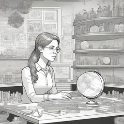 A thoughtful scene featuring a female inventor in her workshop, imagining a world without rainbows