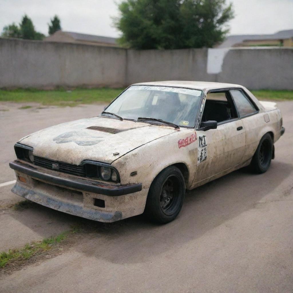 An old, battle-scarred drift car plastered with decals, sporting a worn-out look yet still radiating the charm of a car that's been well-loved, all under the budget of 10 dollars.