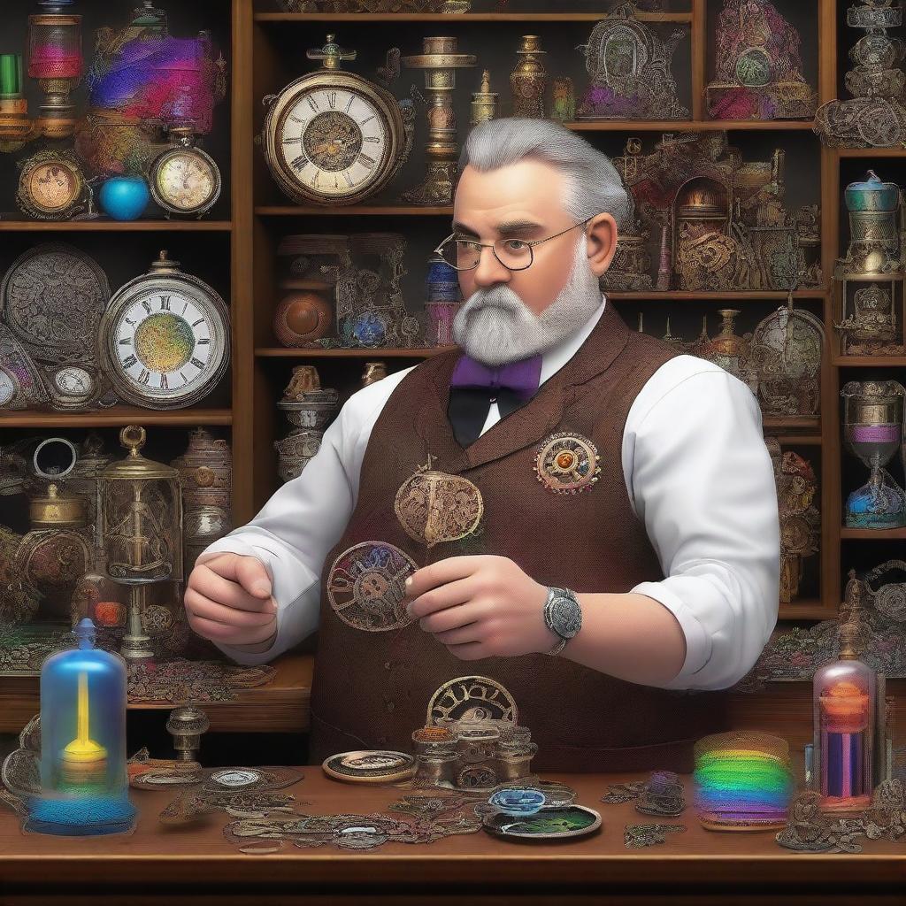 A meticulous watchmaker inventor in a detailed workshop, crafting a vibrant rainbow using intricate gears and clockwork mechanisms