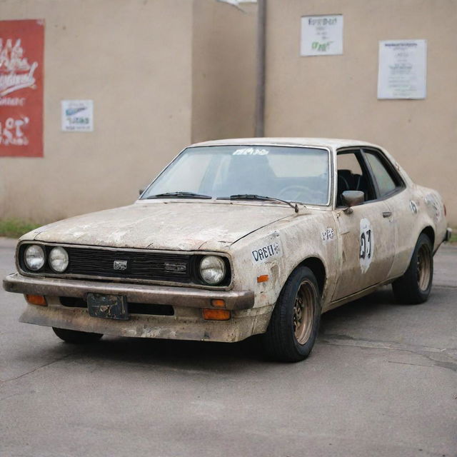 An old, battle-scarred drift car plastered with decals, sporting a worn-out look yet still radiating the charm of a car that's been well-loved, all under the budget of 10 dollars.