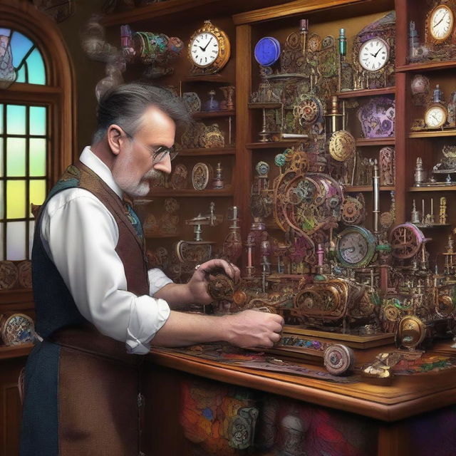 A meticulous watchmaker inventor in a detailed workshop, crafting a vibrant rainbow using intricate gears and clockwork mechanisms