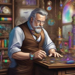 A meticulous watchmaker inventor in a detailed workshop, crafting a vibrant rainbow using intricate gears and clockwork mechanisms