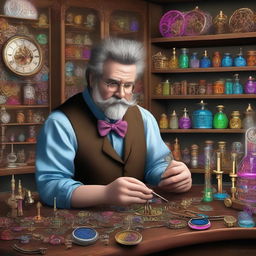 A meticulous watchmaker inventor in a detailed workshop, crafting a vibrant rainbow using intricate gears and clockwork mechanisms