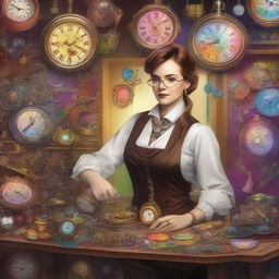 An androgynous watchmaker in a whimsical workshop, creating a vibrant rainbow from intricate timepieces