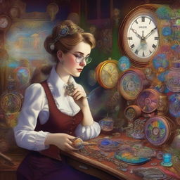 An androgynous watchmaker in a whimsical workshop, creating a vibrant rainbow from intricate timepieces