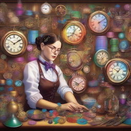 An androgynous watchmaker in a whimsical workshop, creating a vibrant rainbow from intricate timepieces