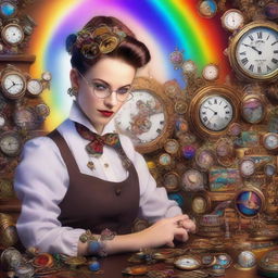 An androgynous watchmaker in a whimsical workshop, creating a vibrant rainbow from intricate timepieces