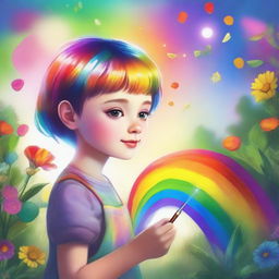 A woman with a short, traditionally masculine haircut, creating a vibrant child made of rainbow colors