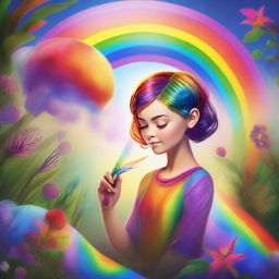 A woman with a short, traditionally masculine haircut, creating a vibrant child made of rainbow colors