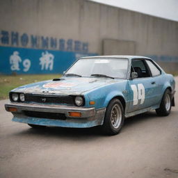 An old, battle-scarred drift car plastered with decals, sporting a worn-out look yet still radiating the charm of a car that's been well-loved, all under the budget of 10 dollars.