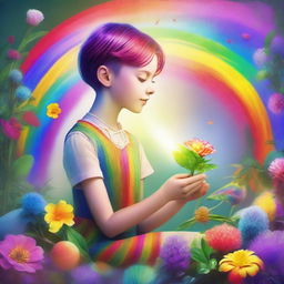 A woman with a short, traditionally masculine haircut, creating a vibrant child made of rainbow colors