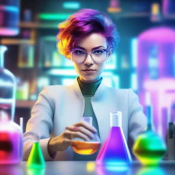 A woman inventor with a short, traditionally masculine haircut, working in a futuristic laboratory