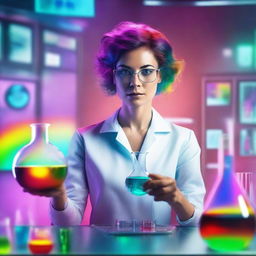 A woman inventor with a short, traditionally masculine haircut, working in a futuristic laboratory