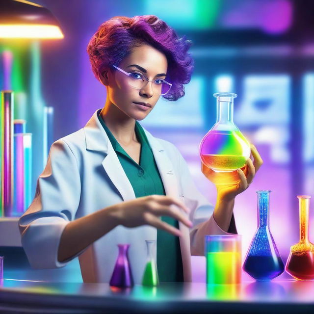 A woman inventor with a short, traditionally masculine haircut, working in a futuristic laboratory