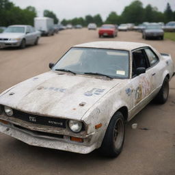 An old, battle-scarred drift car plastered with decals, sporting a worn-out look yet still radiating the charm of a car that's been well-loved, all under the budget of 10 dollars.