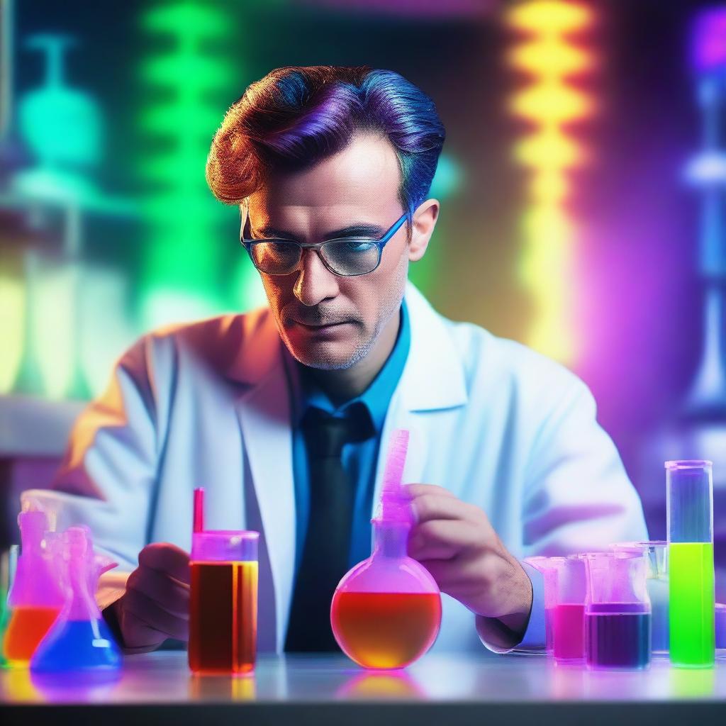 A male inventor with a traditionally feminine haircut, working in an advanced laboratory