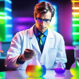 A male model with a sophisticated appearance, dressed in stylish yet practical attire, working as an inventor in a high-tech laboratory